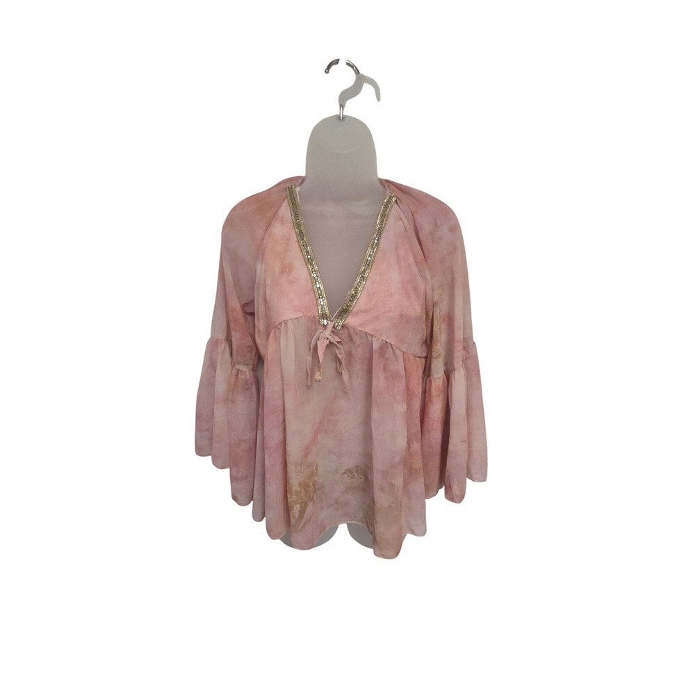 Boho Pink Tie Dye Sequin Trim Bell Sleeve Babydoll Blouse Top Y2K
